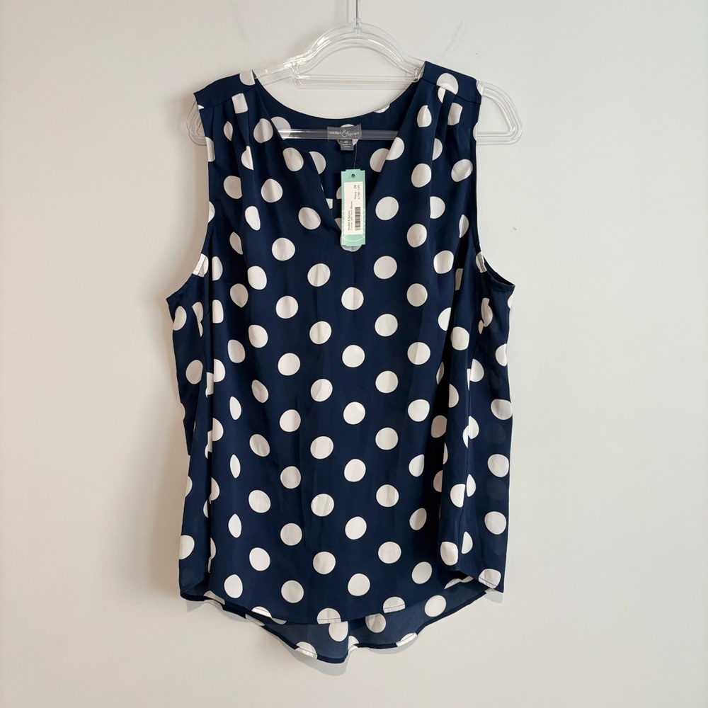 Market & Spruce‎ Sleeveless Polka Dot Blouse split neck navy white size 2X